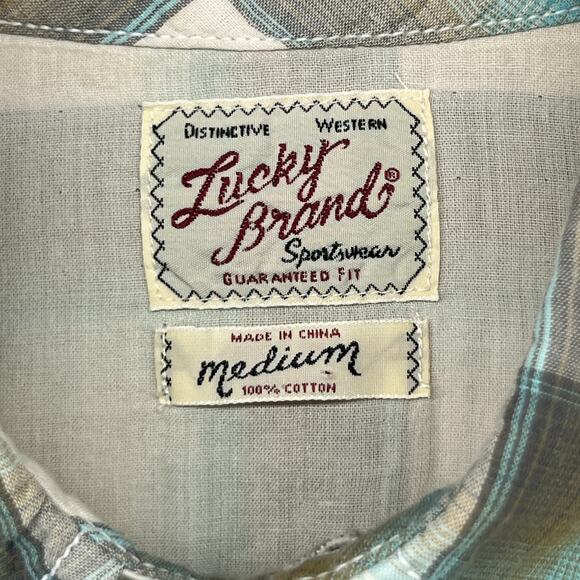 LUCKY BRAND Shirt Mens M Plaid Pearl Snap Front Western Double Layer Cotton Gray - Picture 4 of 15